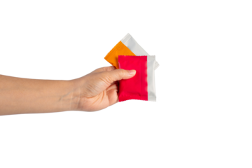 Plastic bag snack packaging and hand holding isolated on transparent background