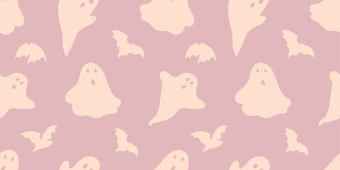 Cute Halloween seamless pattern with friendly ghosts and bats on a pastel pink background. Soft spooky design for cards, crafts, party supplies, and fabric prints.