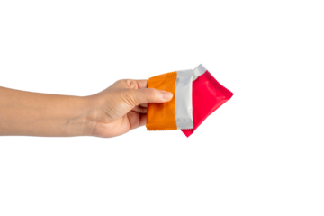 Plastic bag snack packaging and hand holding isolated on transparent background