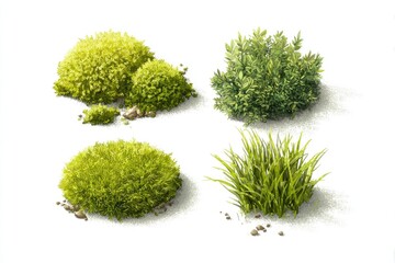 Fototapeta premium Four stylized, detailed illustrations of small, clumped plants. Each plant type is rendered separately, on a light beige surface. Slight shadowing and highlights add depth. 