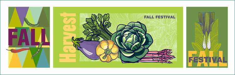 Harvest festival, autumn celebration. A set of three fully editable vector posters with vegetables on the theme of autumn festivals. Flat illustration.