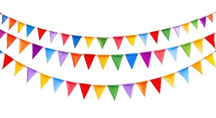 Colorful triangular flags strung in three rows