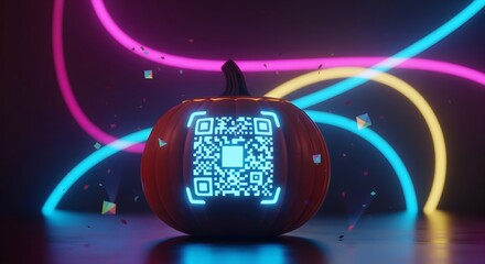 Halloween Pumpkin with Glowing QR Code and Neon Lights