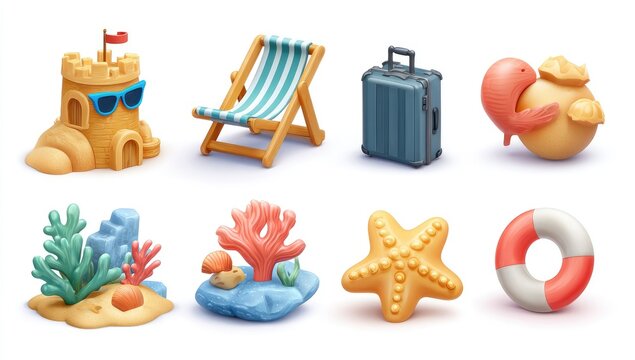 Collection of stylized summer icons.  Sandcastle, beach chair, suitcase, seashell, coral, starfish, life preserver.  3D illustration