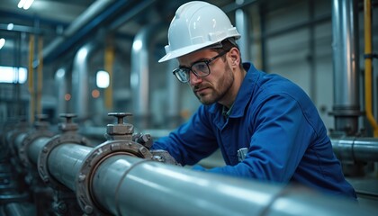 Pipe fitter wearing hard hat, glasses works on industrial pipeline system. Technician performs assembly, maintenance in factory environment. Skilled labor installing mechanical components, ensuring
