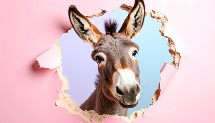 Obraz premium Donkey peeks through a hole in a pink paper background