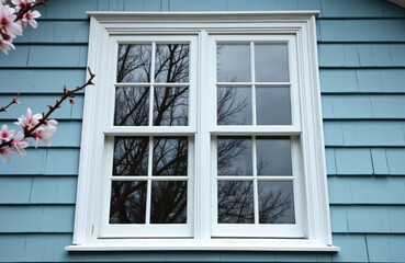 Fototapeta premium Elegant double hung window with white grilles on blue vinyl siding. Traditional colonial house exterior detail, perfect for architectural, real estate imagery. Reflects bare tree branches, cloudy sky.