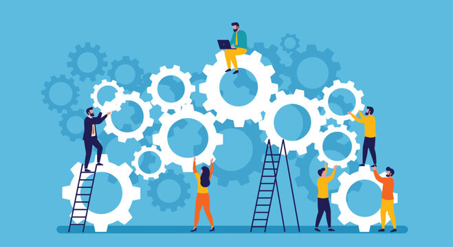 Diverse team collaborating building intricate interconnected gear system complex mechanism