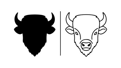 Bison Head Silhouette and Outline Illustration.