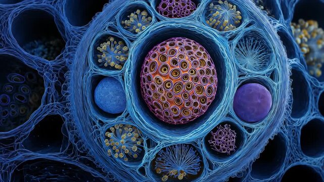 Ultra detailed microscopic view of a single plant cell, vibrant complex structures. Stem Cell	