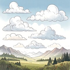 Cartoon landscape with fluffy clouds