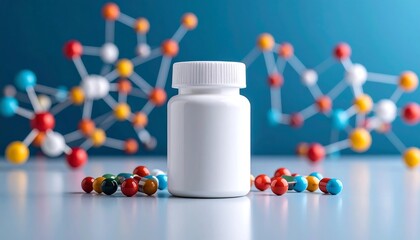 Supplement bottle, lab setting, molecule models