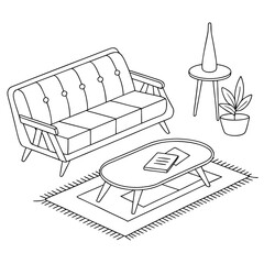 Vector art of modern living room interior with a stylish sofa, coffee table, side table, and potted plant, creating a minimalist and elegant space