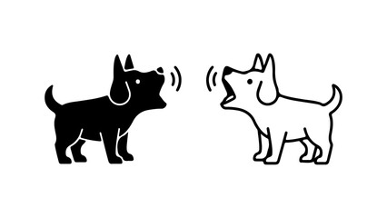 Black and white cartoon dogs barking icon illustration.