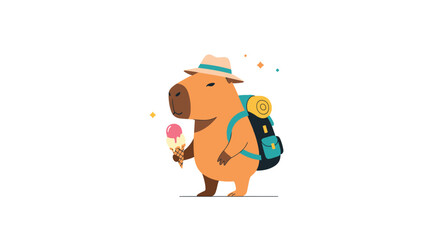 A cheerful capybara enjoys a refreshing ice cream cone while wearing a straw hat and a backpack on a sunny day.