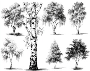 Fototapeta premium Black and white sketch of various birch and pine trees