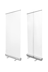 Blank roll-up banner stand front and back view isolated on transparent background, portable advertising display mockup