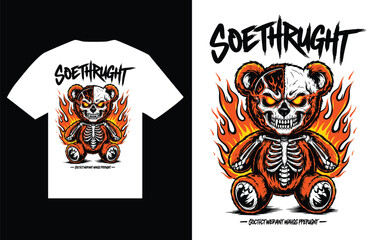 Fototapeta premium Fiery Bear Skull T Shirt Design with Edgy Typography and Skeleton Theme