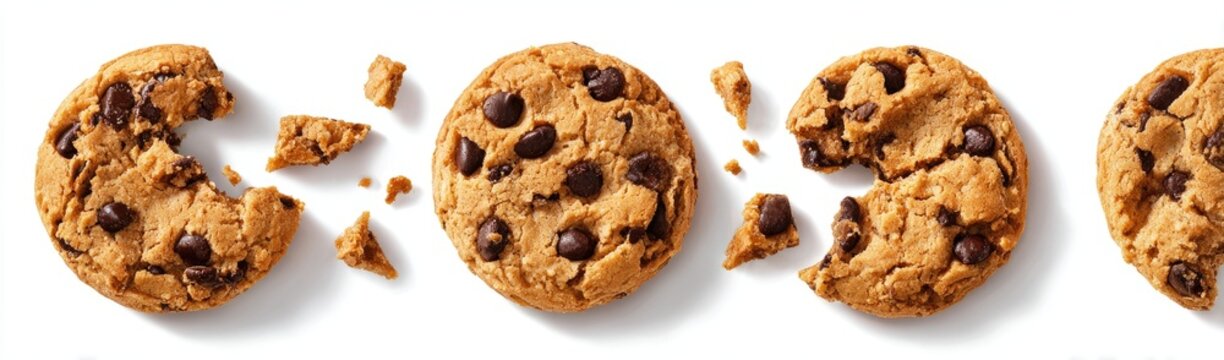 Three broken chocolate chip cookies on a white background