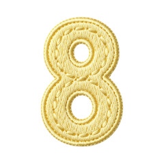 A yellow embroidered textile patch in the shape of the number eight, featuring detailed stitching. Ideal for craft projects, educational materials, or decorative designs.