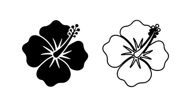 Black and white hibiscus flower icons tropical floral design elements.