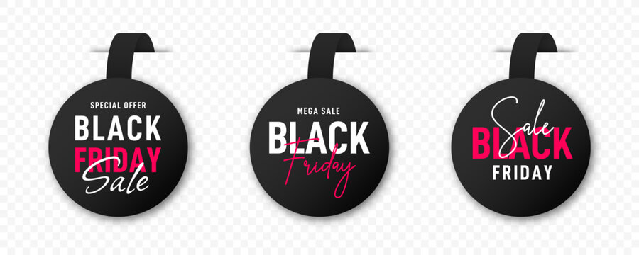 Black Friday sale tags. Plastic badges and price tags with Black Friday text. Black Friday promotional banners, discount labels collection. Vector