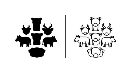 Black and white illustration of various animal heads and bodies.