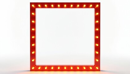 3D rendering of square frame with marquee lights. Red border features illuminated bulbs, casting warm glow. Ideal for retro entertainment, Las Vegas, Hollywood themes. Use for club, casino, cinema
