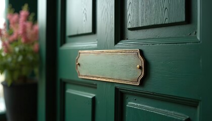 Blank metal nameplate on dark green vintage wooden door. Ornate brass frame detail. Classic elegant entrance sign, offers empty space for custom house address, name tag, office label. Retro posh home