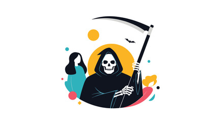 An illustration of the grim reaper with a woman in the background on a white background.