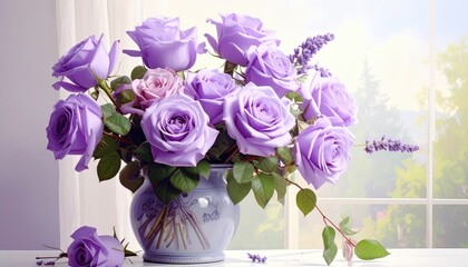 Obraz premium A delicate arrangement of vibrant lavender roses and sprigs of lavender, displayed in a textured vase, bathed in soft daylight, creates a serene and beautiful scene.