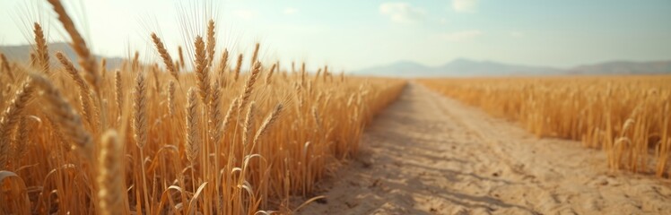 Fototapeta premium Desolate wheat field with wilted stalks in parched earth. Dry, barren landscape suggests grain crisis, food shortage, climate impact. Agricultural failure evident in withered crops.