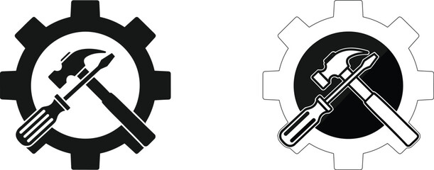 Gear and tool icon set, crossed hammer and screwdriver, black and white symbols, repair, maintenance, engineering, stylized graphic, minimal illustration