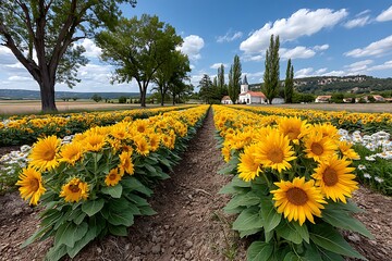 Yellow sunflowers blooming in perfect rows high resolution picture