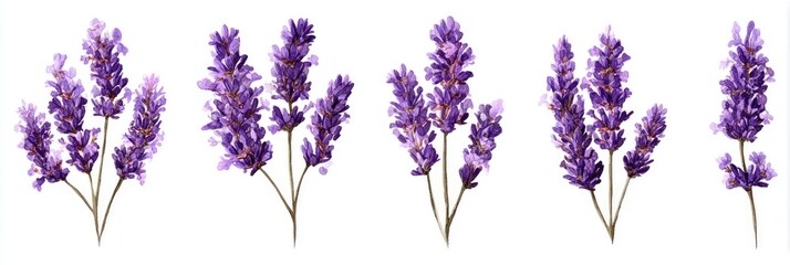 Watercolor-style lavender sprigs, isolated on white.  Four separate bunches of purple lavender blossoms are shown against a plain white background, each with stems and leaves.  