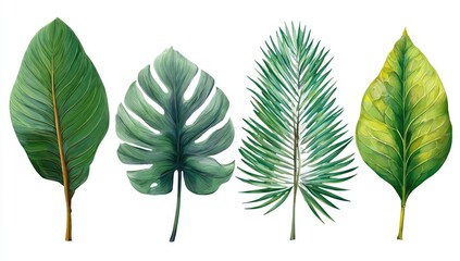 Obraz premium Four vibrant tropical leaves, various shapes and shades of green, isolated on a white background. Detailed illustration of plant life