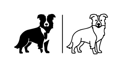 Border Collie Dog Silhouette and Line Art Illustration Set.