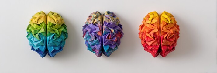 Three colorful origami brain models, displayed horizontally on a white background. 