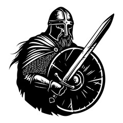 Detailed Black Monochrome Housecarl Vector Illustration of Viking Warrior Knight Soldier Guard Fighter
