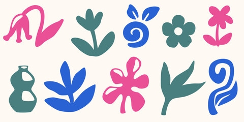 Boho organic cut paper shapes with abstract flowers, vases and botanical forms for contemporary collage art. Modern Matisse style cutouts with fluid silhouettes for wall decor or textile patterns.