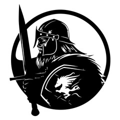Detailed Black Monochrome Housecarl Vector Illustration of Viking Warrior Knight Soldier Guard Fighter
