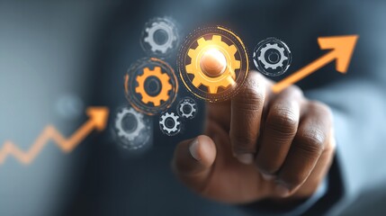 Touching a Futuristic Interface unlocking innovation and efficiency with glowing gears and a rising arrow in a sharp