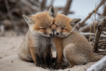 Fototapeta premium Wild baby red foxes cuddle together on the beach in June, enjoying the warmth of the sun and the soft sand while surrounded by nature's beauty