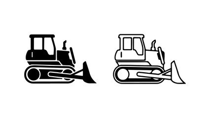 Bulldozer heavy equipment vector icon set silhouette and outline.