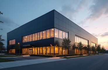Obraz premium Sleek steel exterior of modern warehouse office building. Contemporary architecture features geometric lines, large glass windows, efficient commercial space. Industrial design, corporate facility