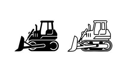 Bulldozer heavy machinery icons silhouette and line art style.
