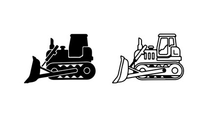 Bulldozer heavy machinery silhouette and line art icon set.