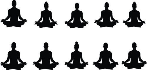 Meditation silhouette sequence, yoga lotus pose illustration, mindfulness practice design, spiritual wellness concept, inner peace relaxation reference, mental health balance art
