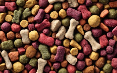 Colorful collection of pet kibble shapes and sizes displayed on a surface for feeding pets