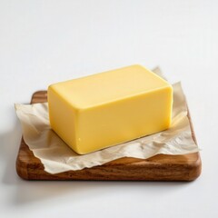 Block of Yellow Butter on Wooden Board with Parchment Paper
